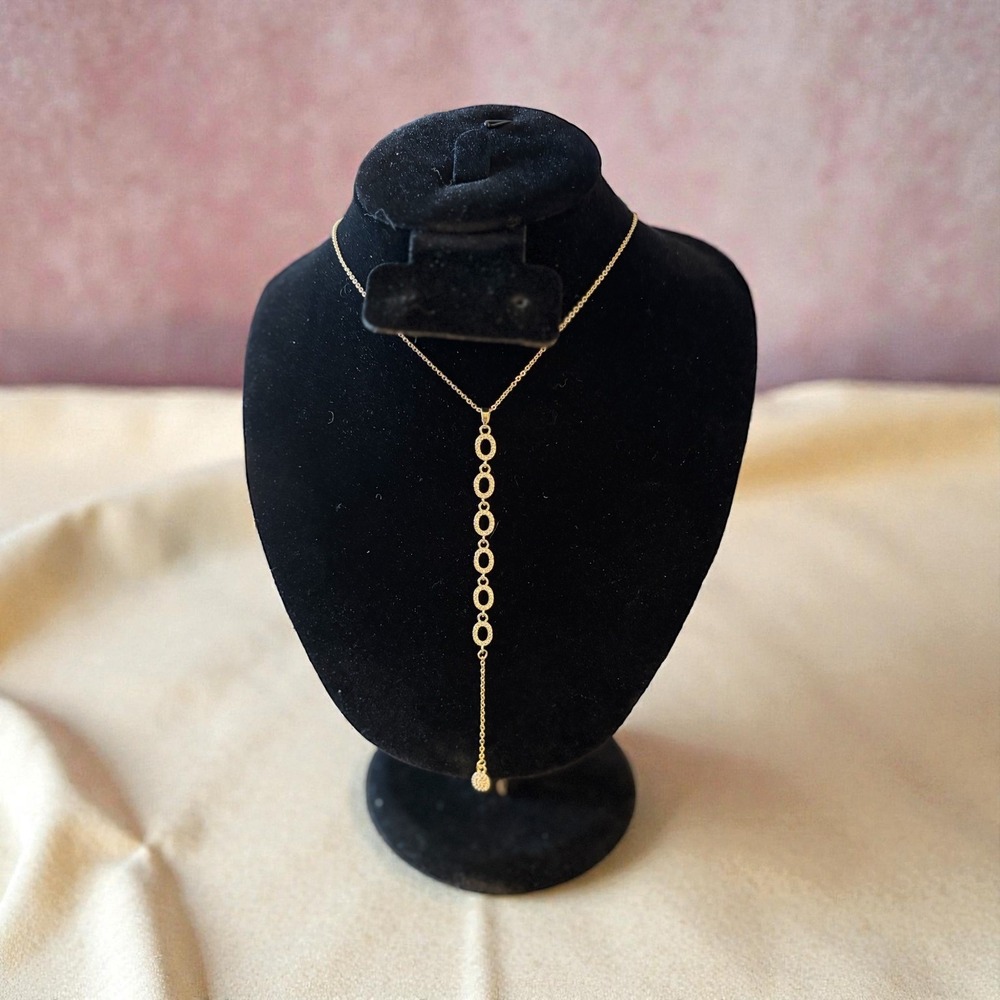Adina Eden Gold Tone Pavé Lariat Necklace Oval Link Drop Pendant NWOT